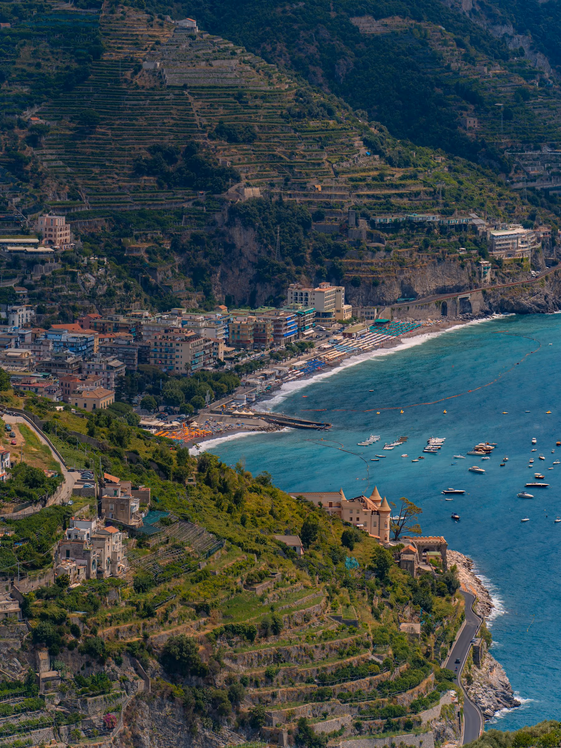 Terraced hillsides above a curved beach near Ravello