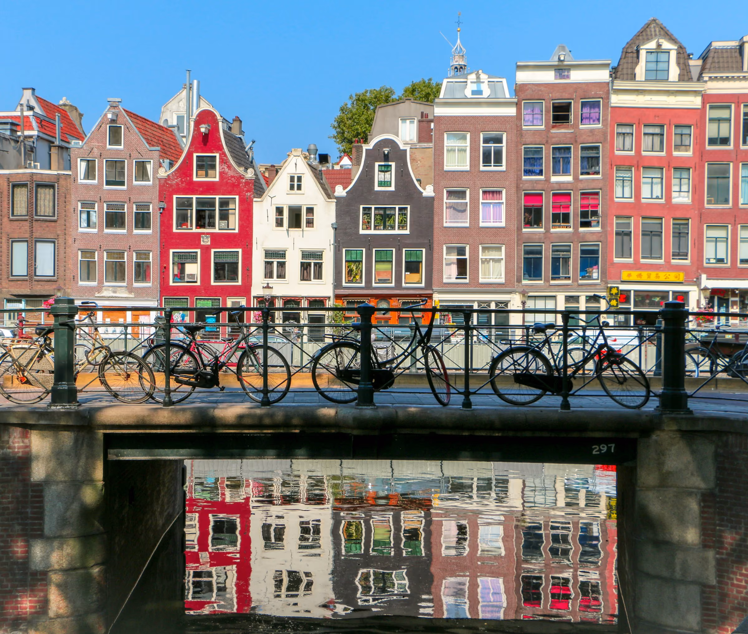 Tall Amsterdam canal houses and bicycles on a bridge