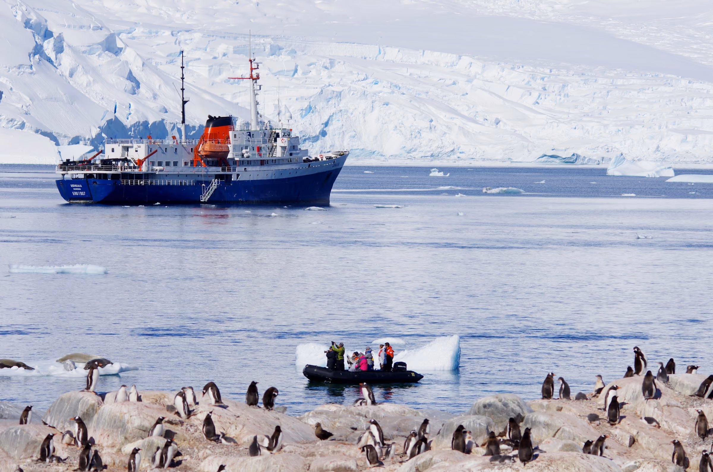 Penguins on the shore in Antarctica, an expedition ship and Zodiacs behind