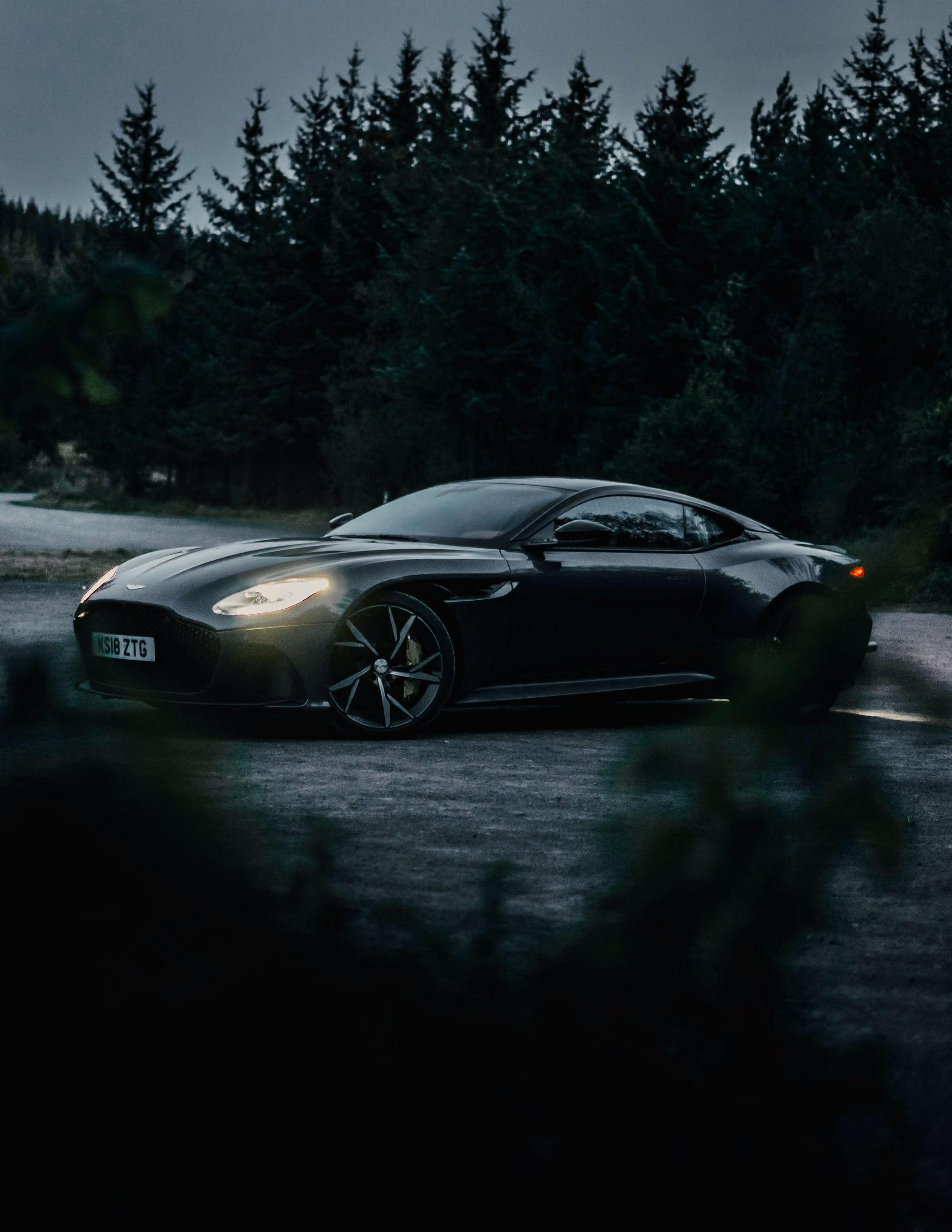 A dark grey Aston Martin on a forest road