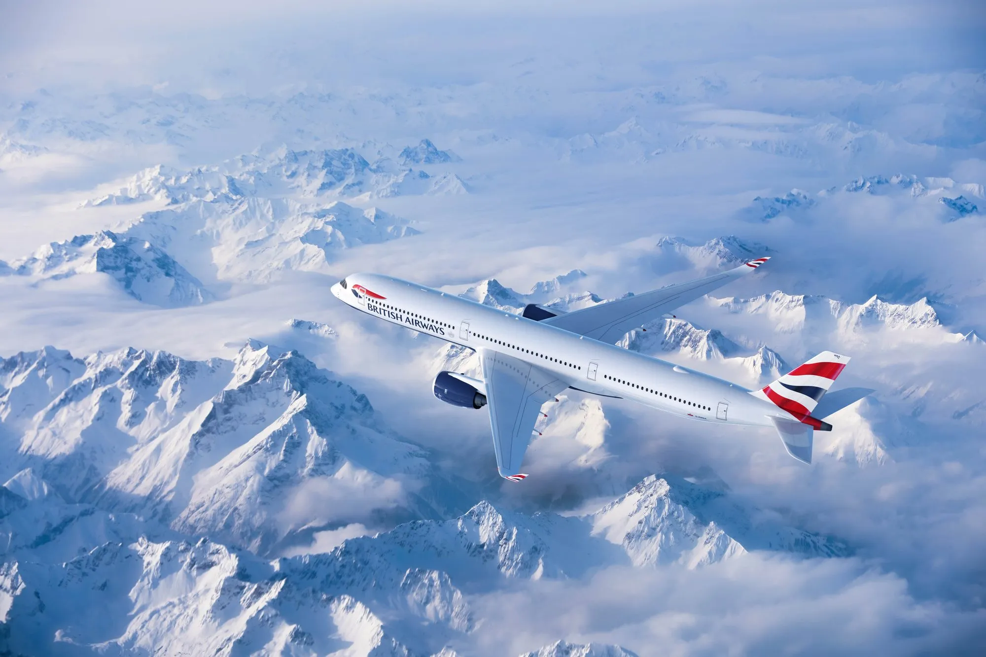A British Airways Airbus A350-1000, which has the Club Suite in business class, flying over the Alps