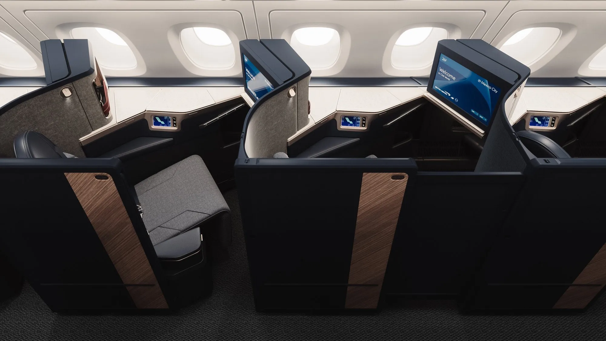 The new Club Suite on British Airways' refitted A380, in navy with wood trim
