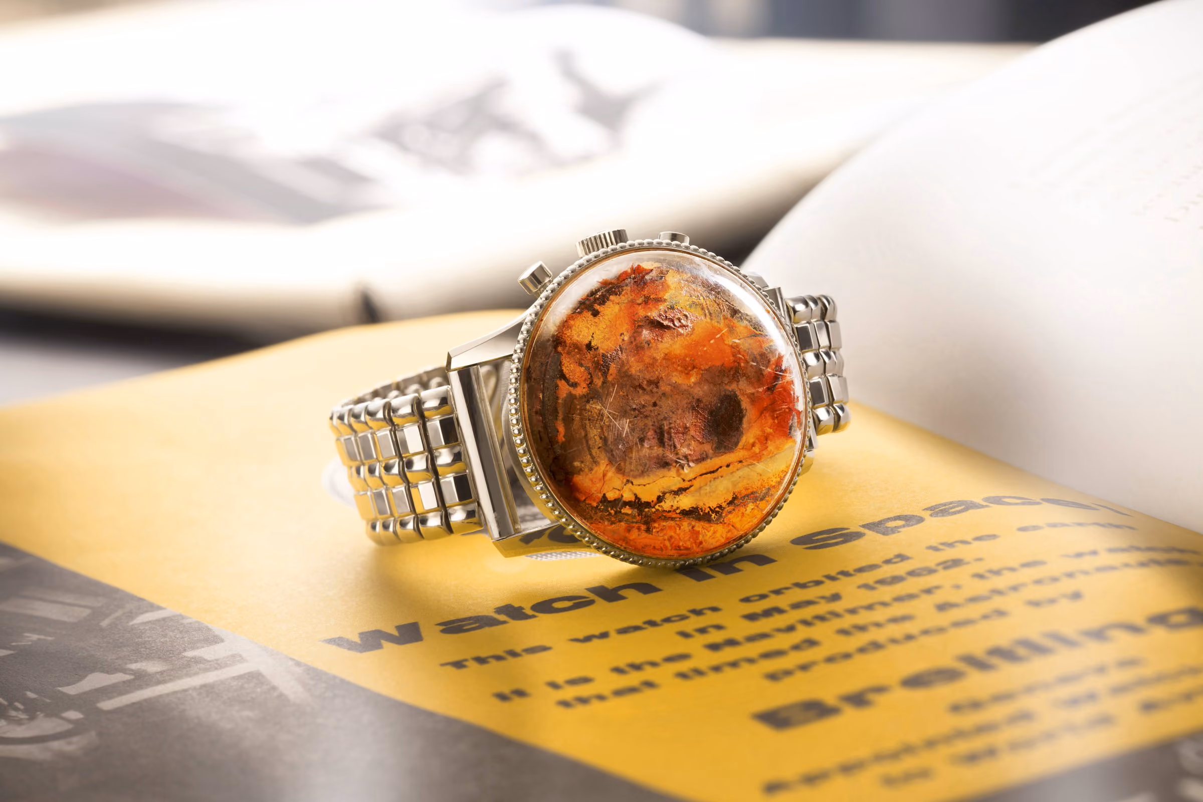 The first watch in space, by Breitling's account: Scott Carpenter's original 1962 Navitimer Cosmonaute, its dial marked by seawater