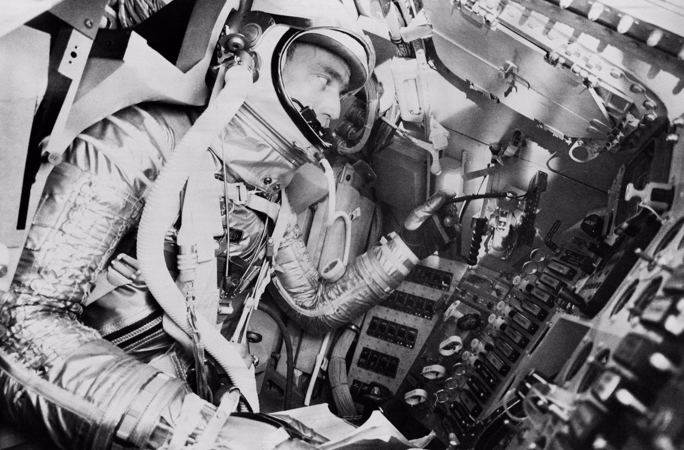 Scott Carpenter in the Mercury procedures trainer at Langley Air Force Base, Virginia