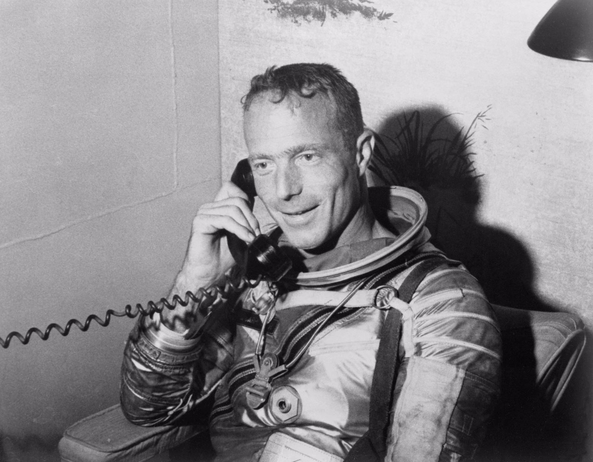 Scott Carpenter on the telephone to President Kennedy after his rescue, 24 May 1962