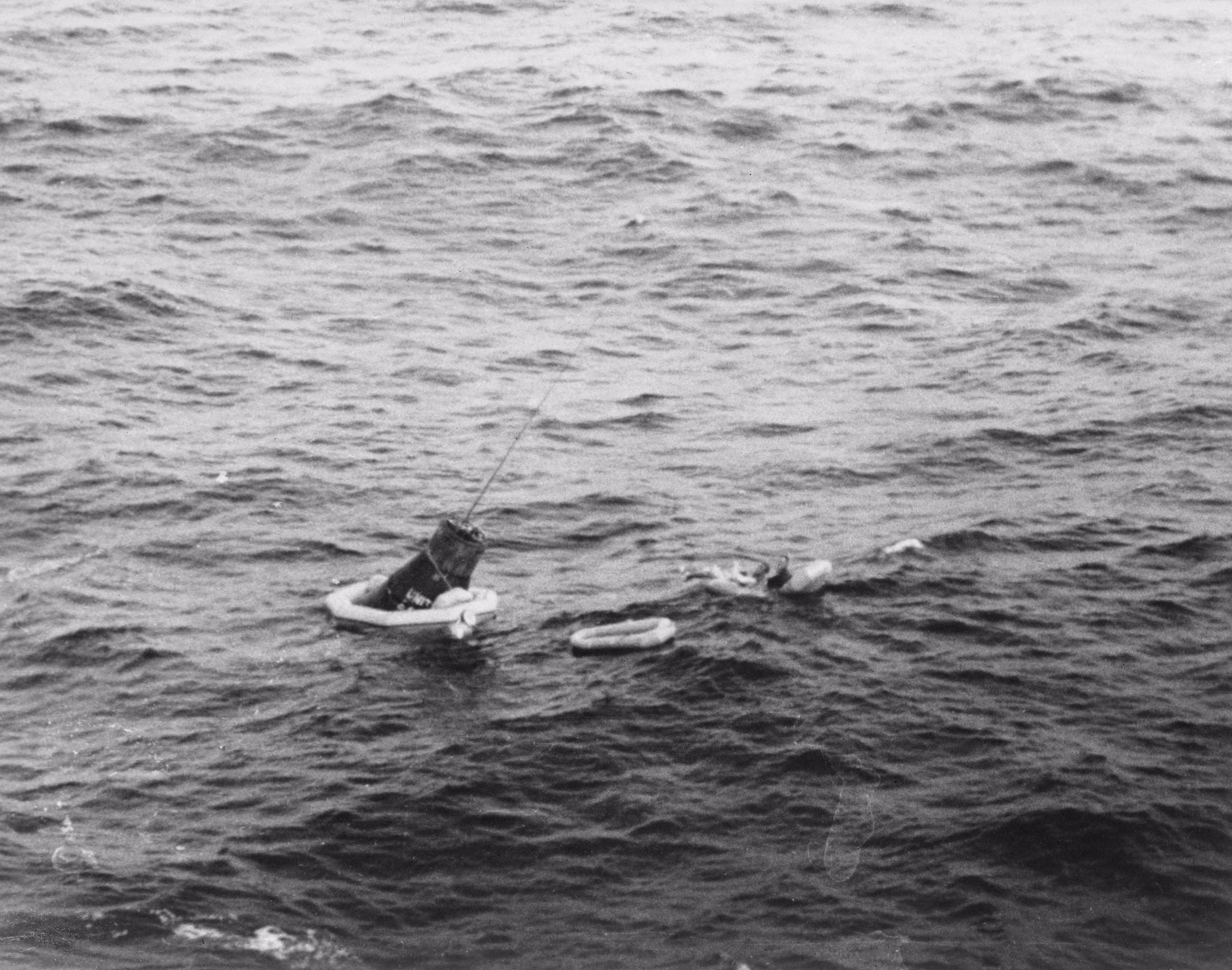 Scott Carpenter's capsule and life raft in the Atlantic after the Aurora 7 splashdown, May 1962