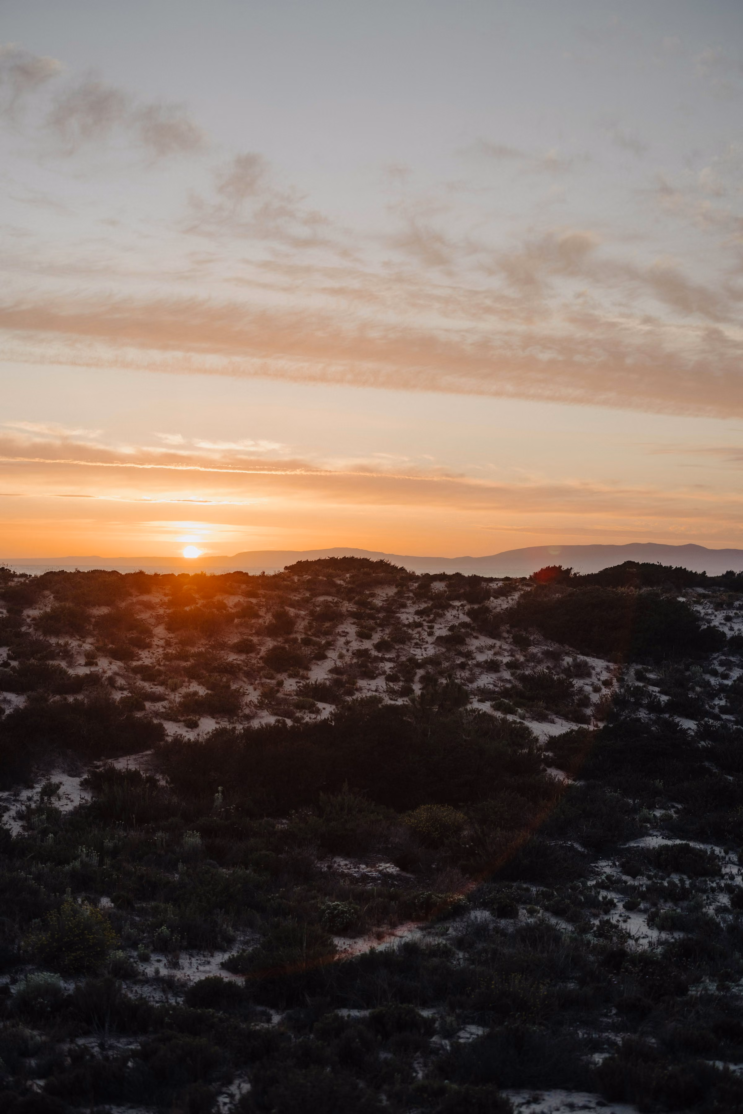 The sun setting over the dunes and scrub near Comporta