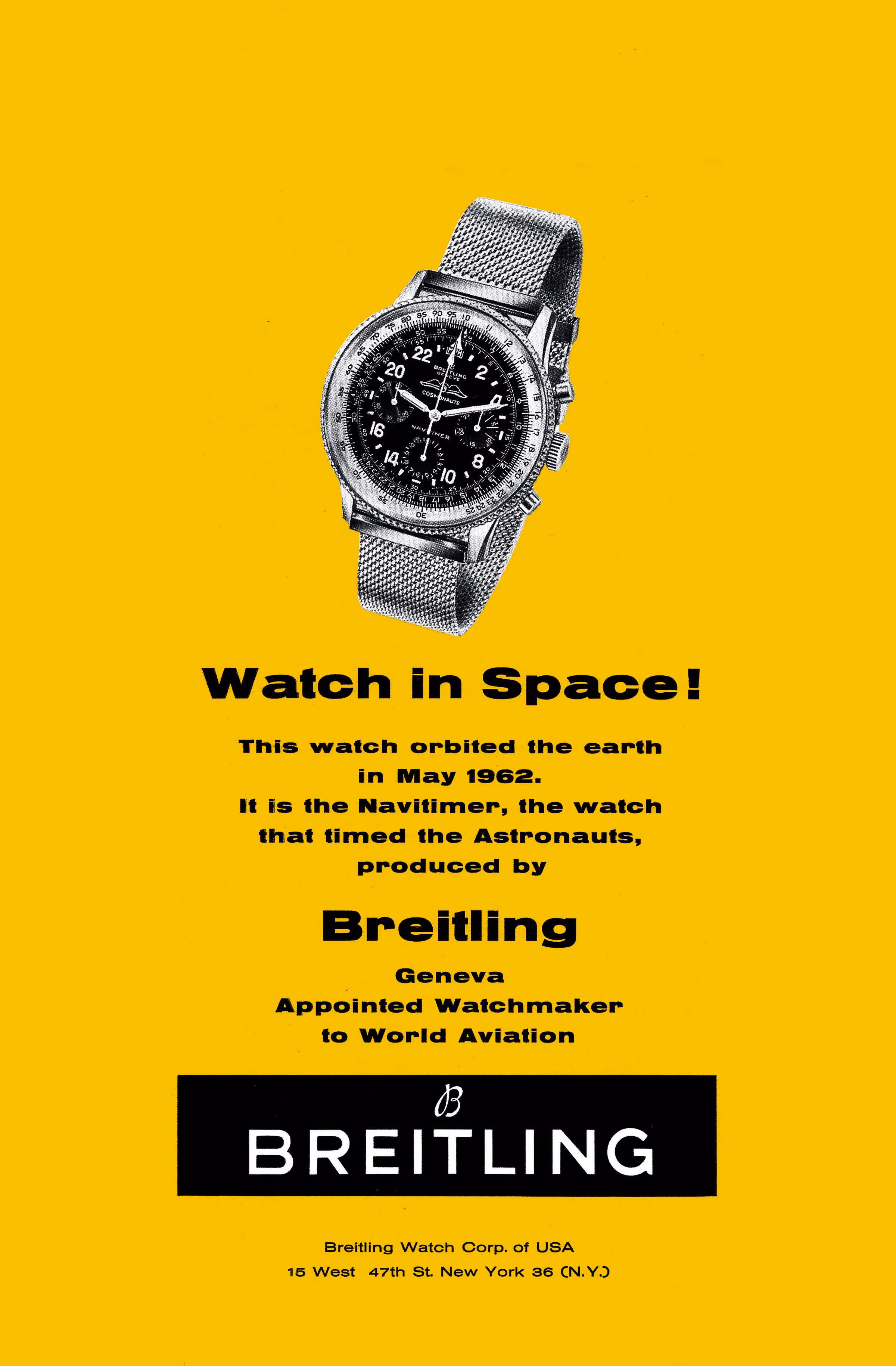 A Breitling advertisement from about 1963 reading Watch in Space! above a Navitimer Cosmonaute