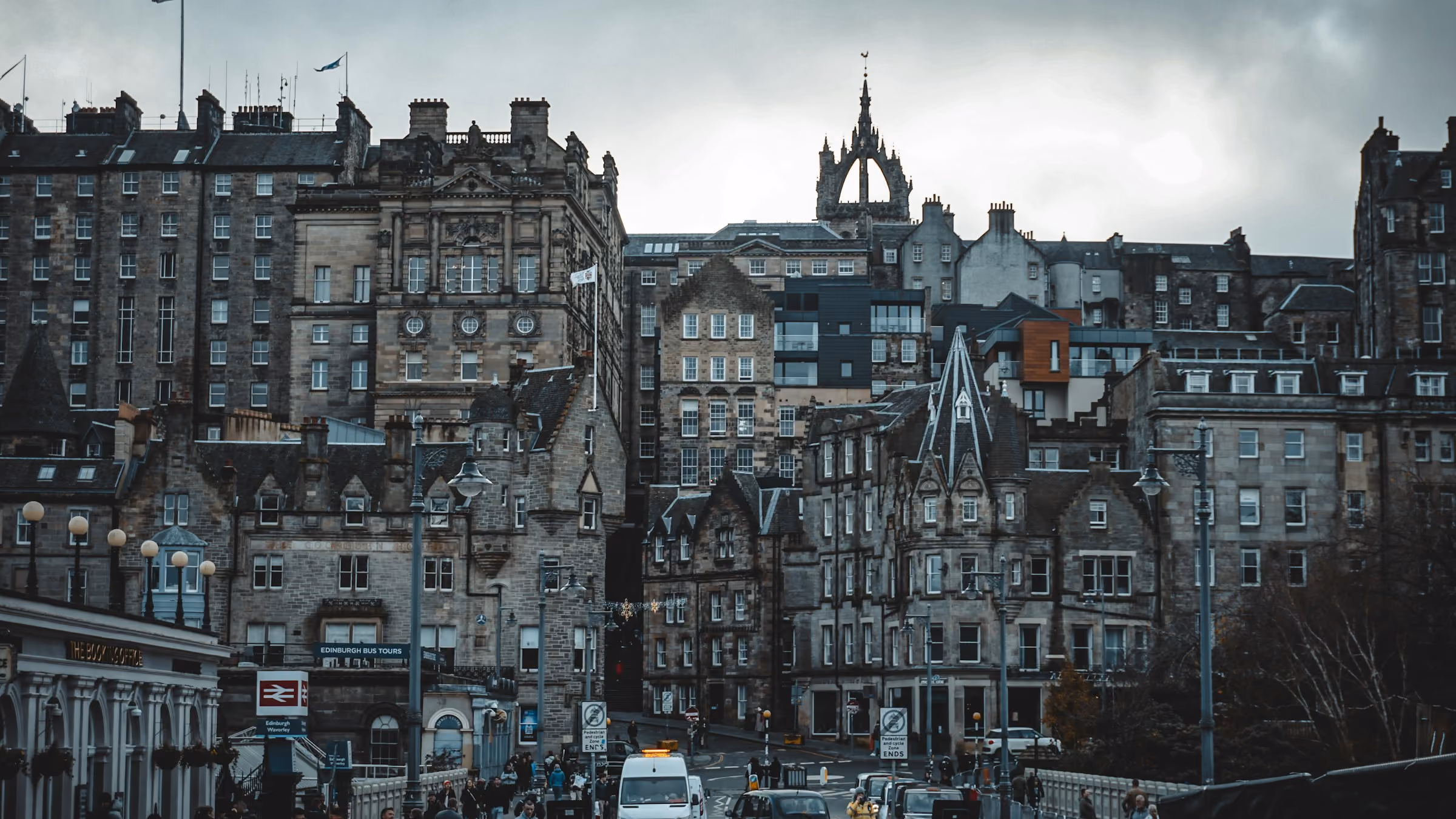 Spires and rooftops of Edinburgh's Old Town under a grey sky