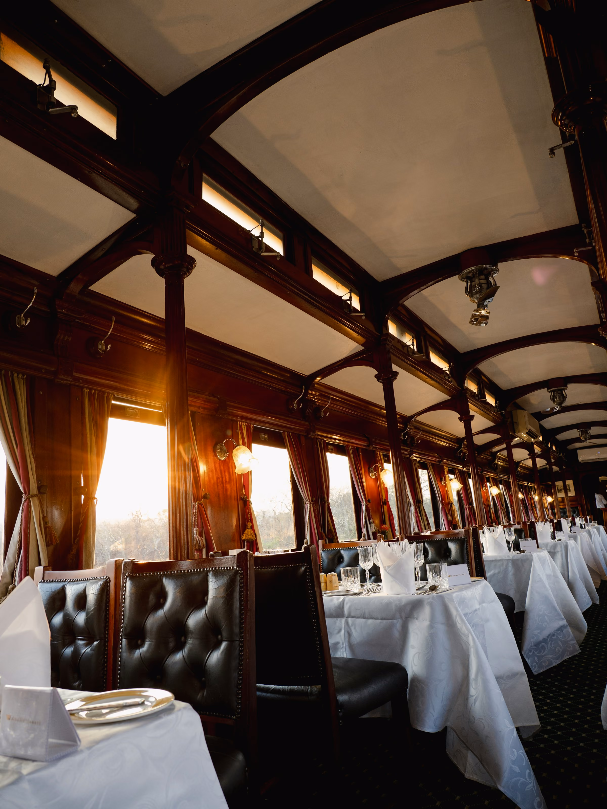 Tables in a classic train dining car