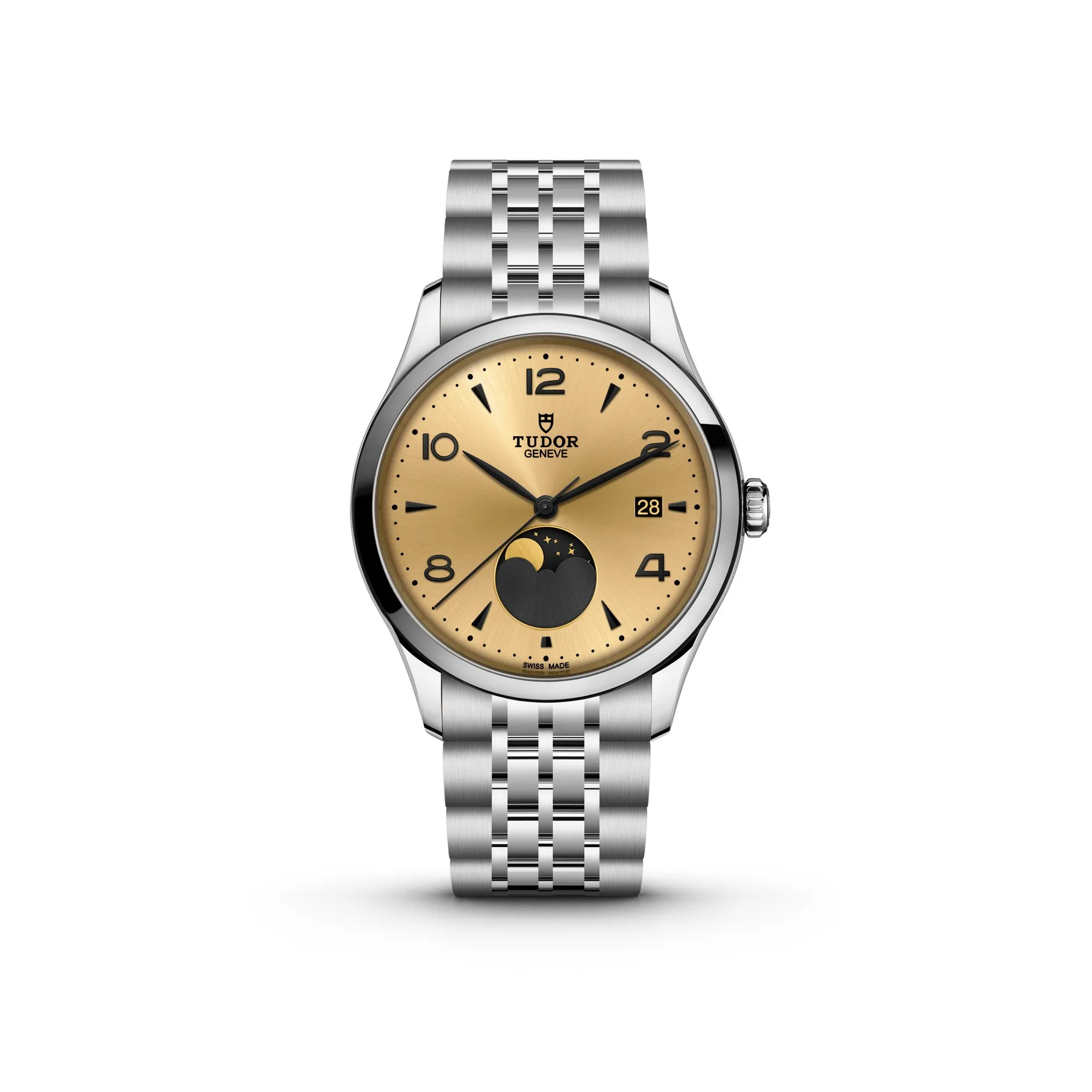 The TUDOR 1926 Luna watch with a champagne dial and moon phase, on a steel bracelet