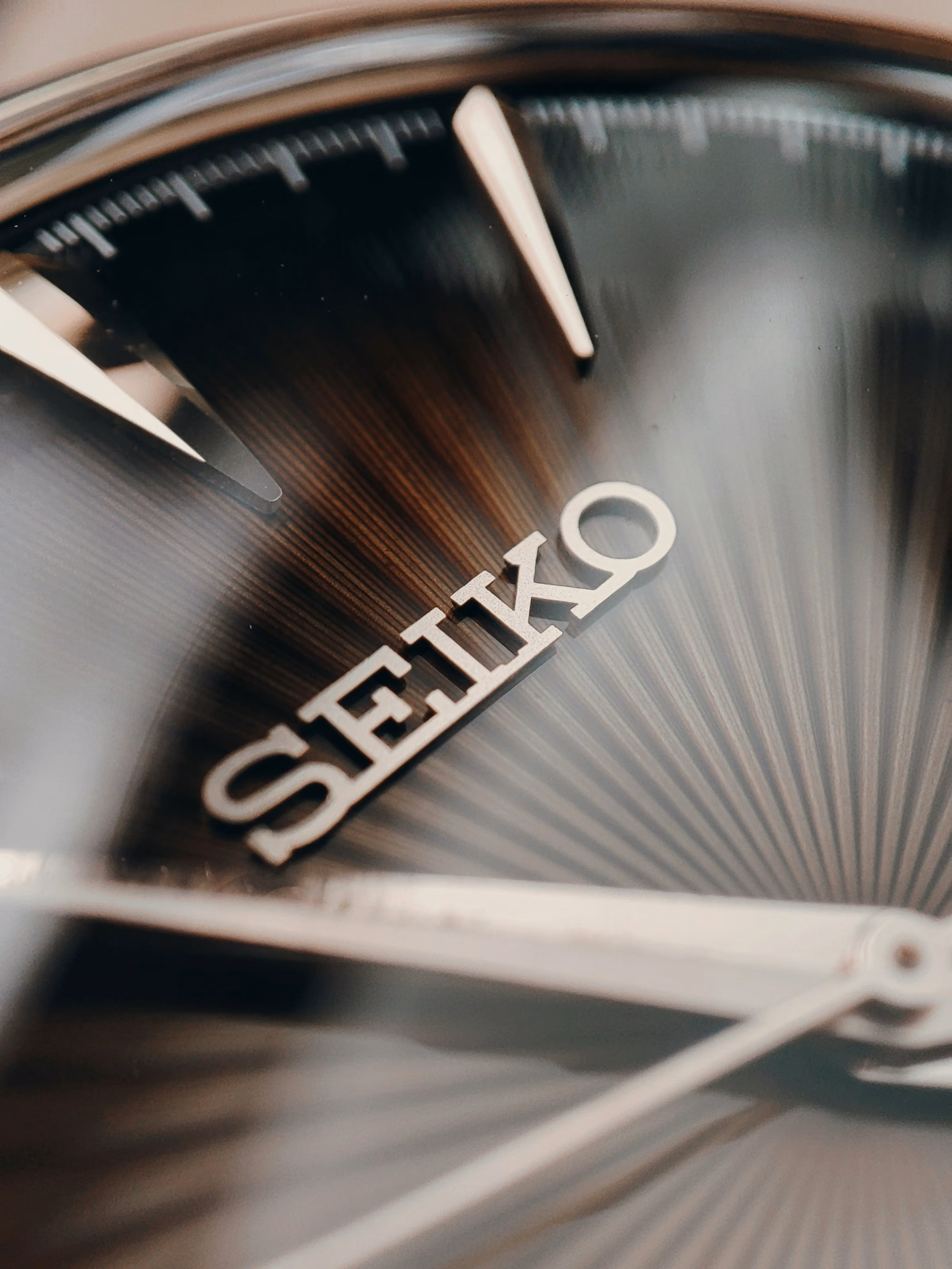 The sunburst dial of a Seiko watch