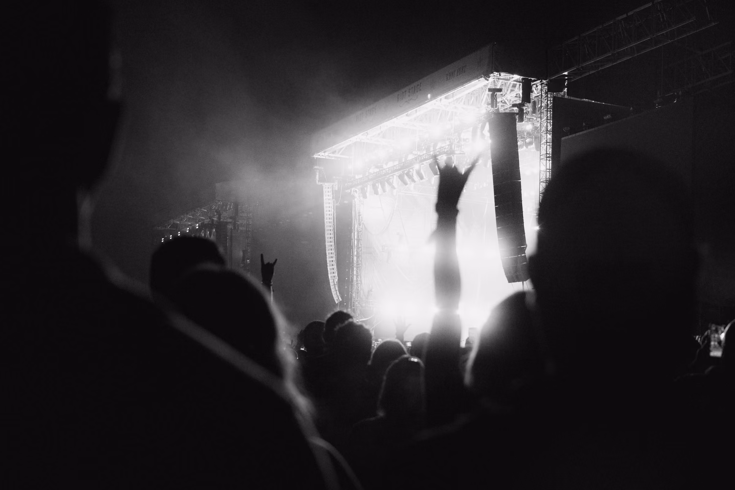 A crowd at a gig, in black and white