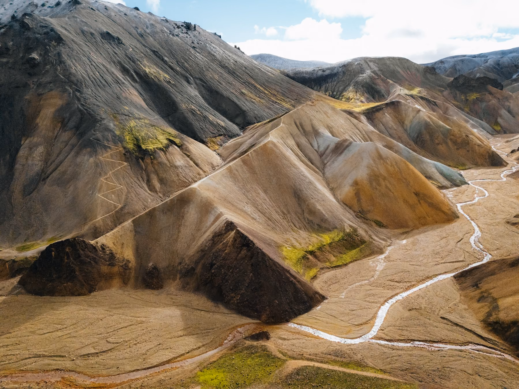 Aerial view of the rhyolite mountains and braided river at Landmannalaugar in the Icelandic highlands