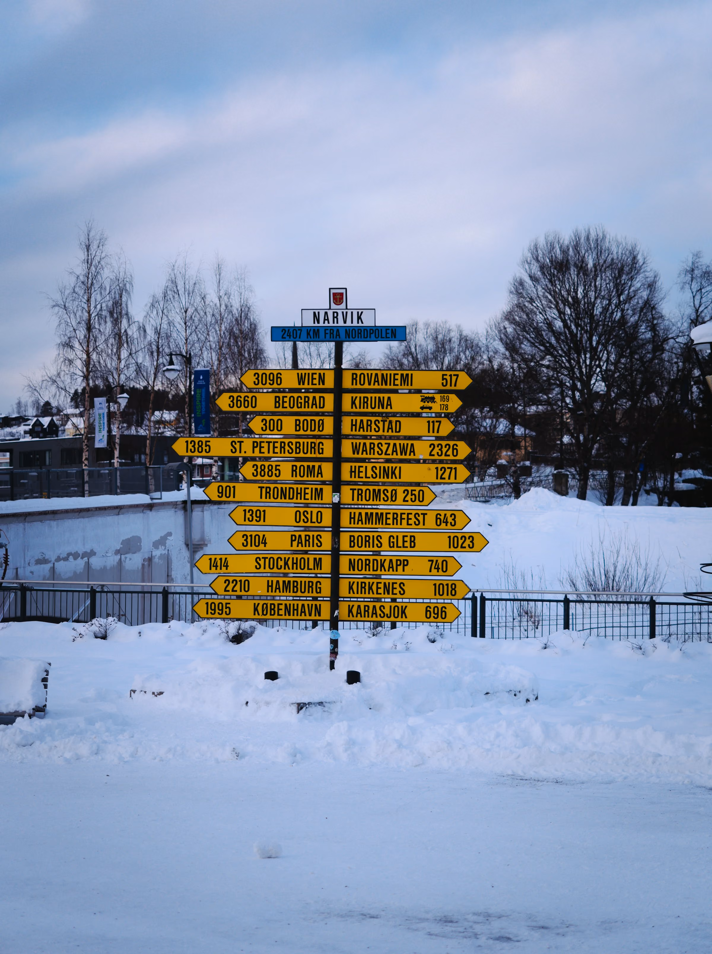 The signpost at the Arctic Circle in Santa Claus Village, Rovaniemi, pointing to cities around the world