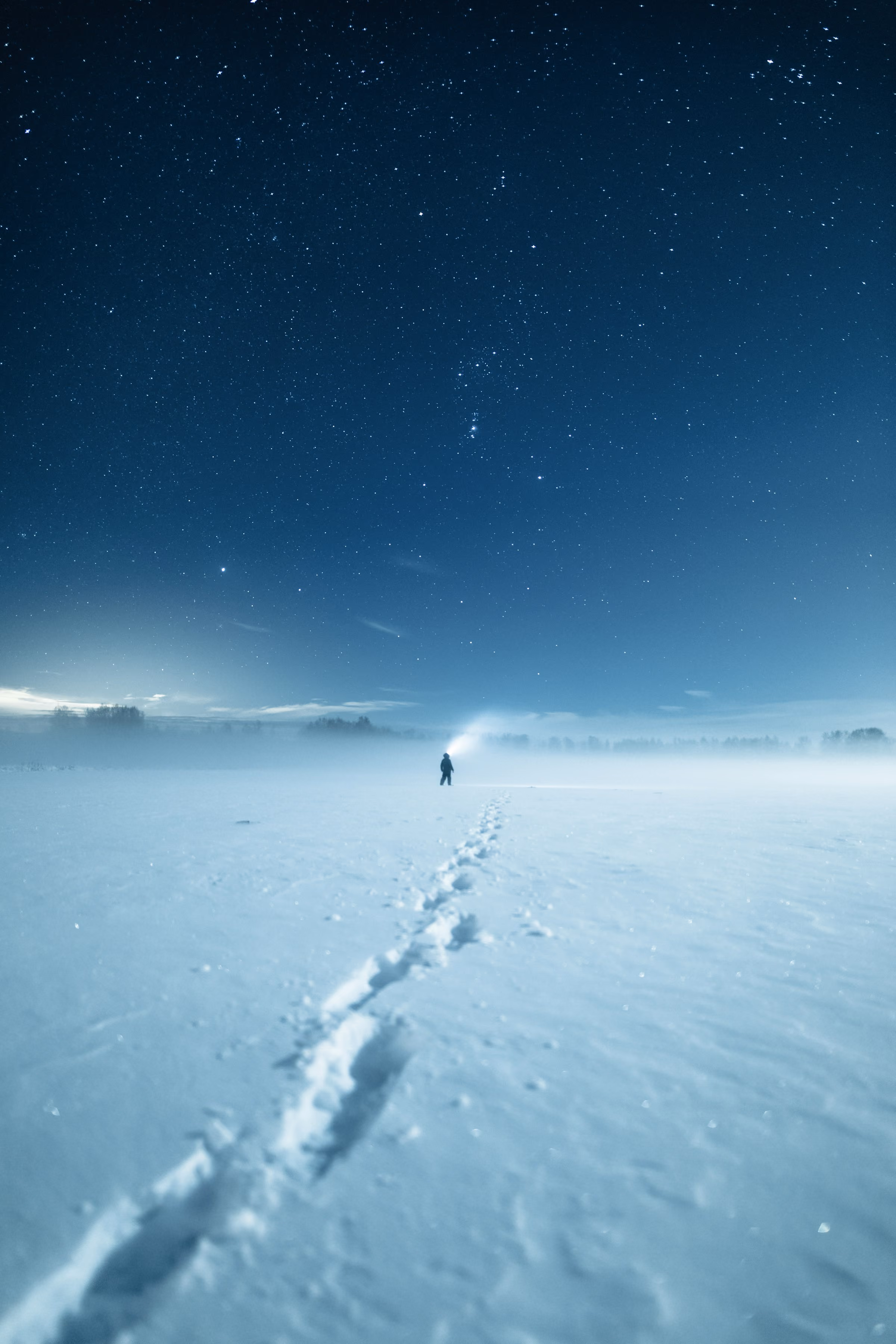 Footsteps leading across blue snow under a starry sky