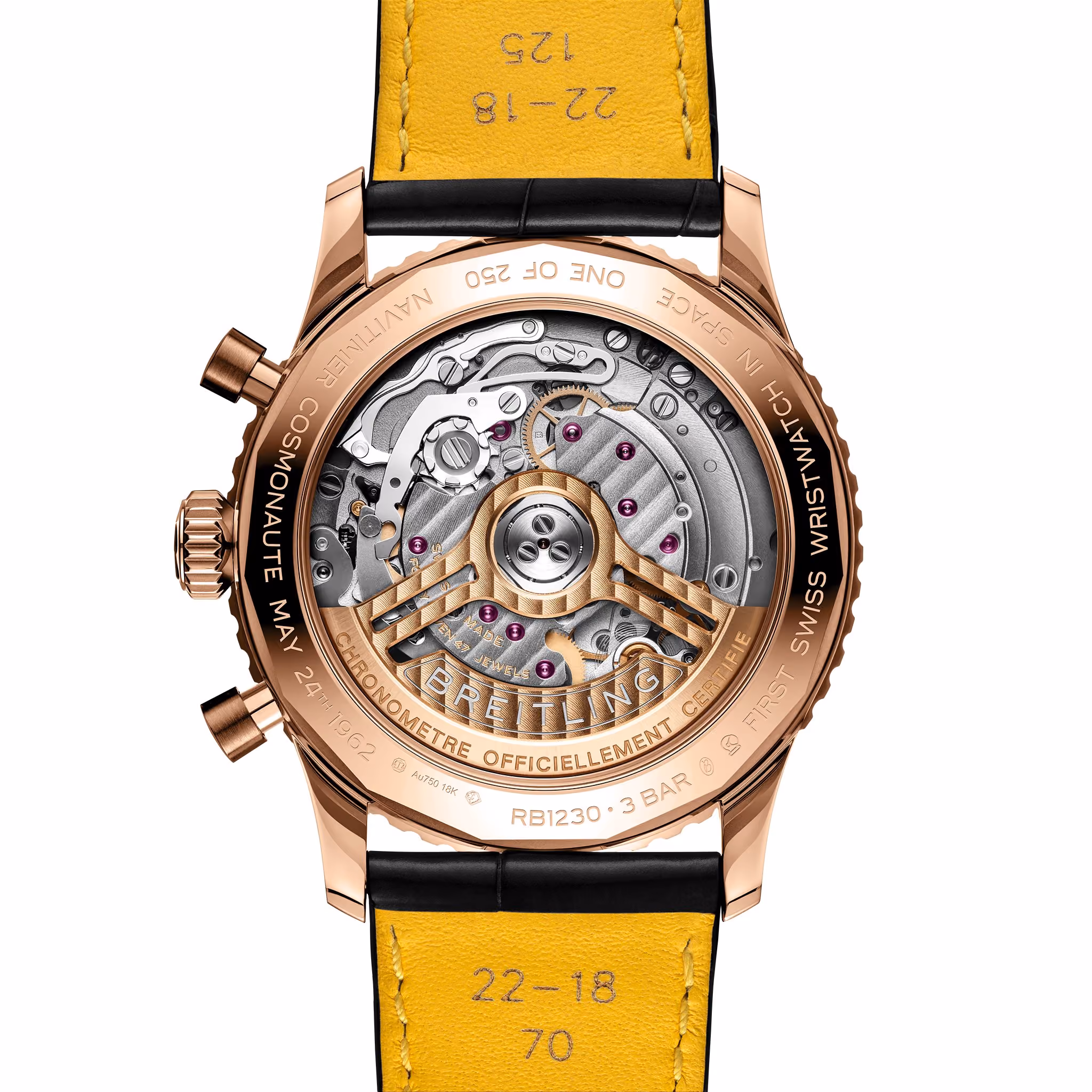 The caseback of the Breitling Navitimer B12 Chronograph 41 Cosmonaute in red gold, one of 250