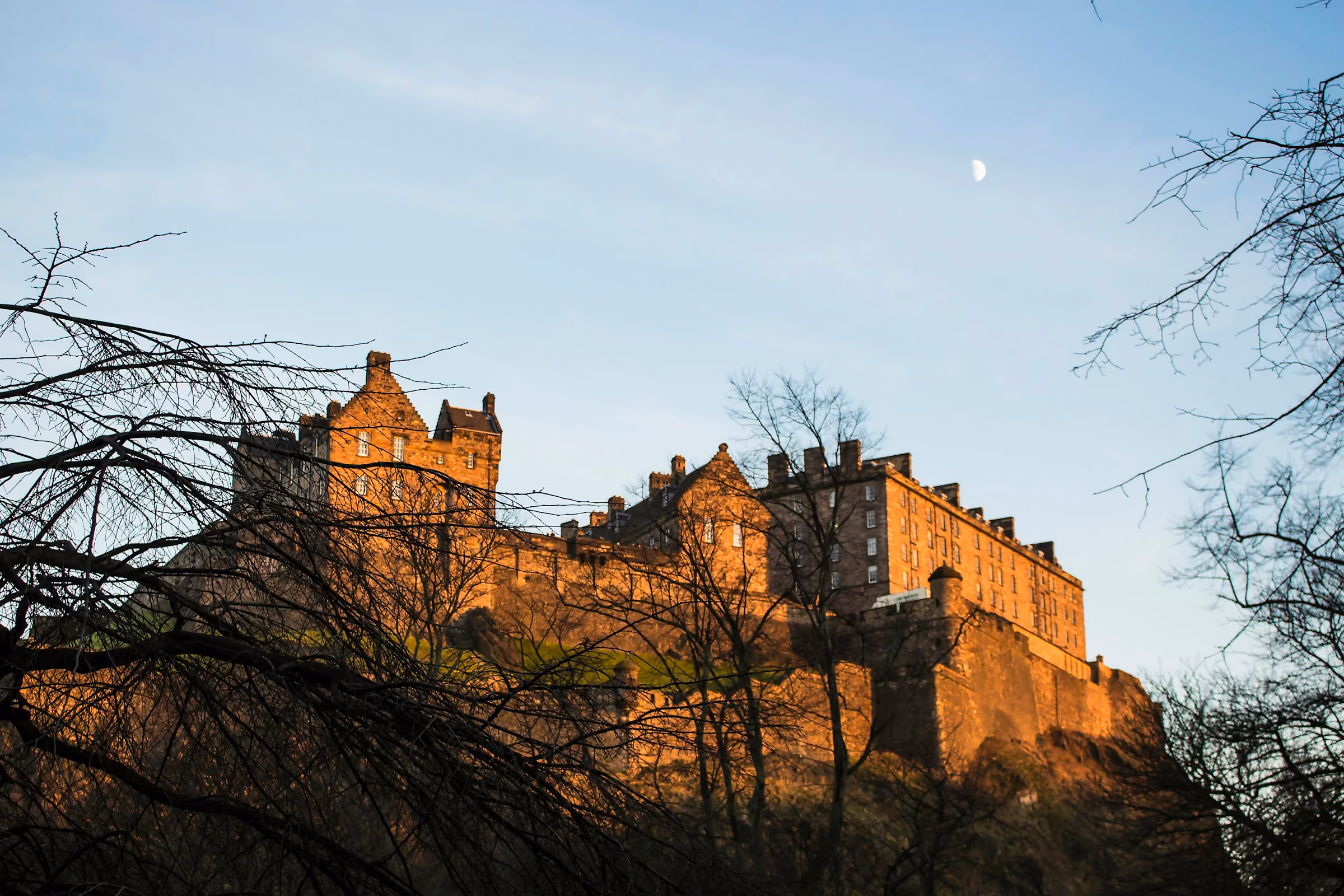 Edinburgh Castle lit by low winter sun