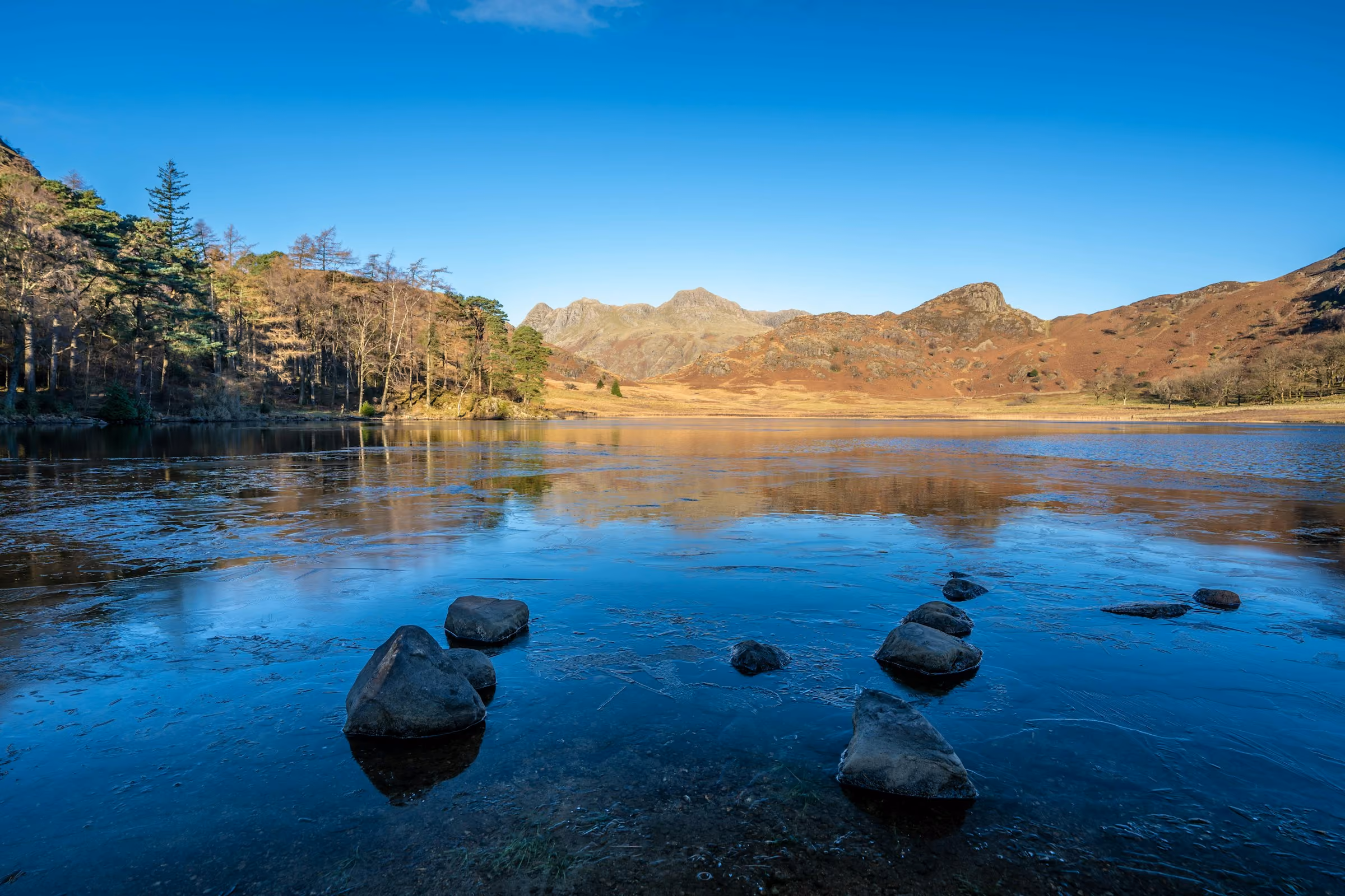 Rocks in a clear tarn below the Langdale fells