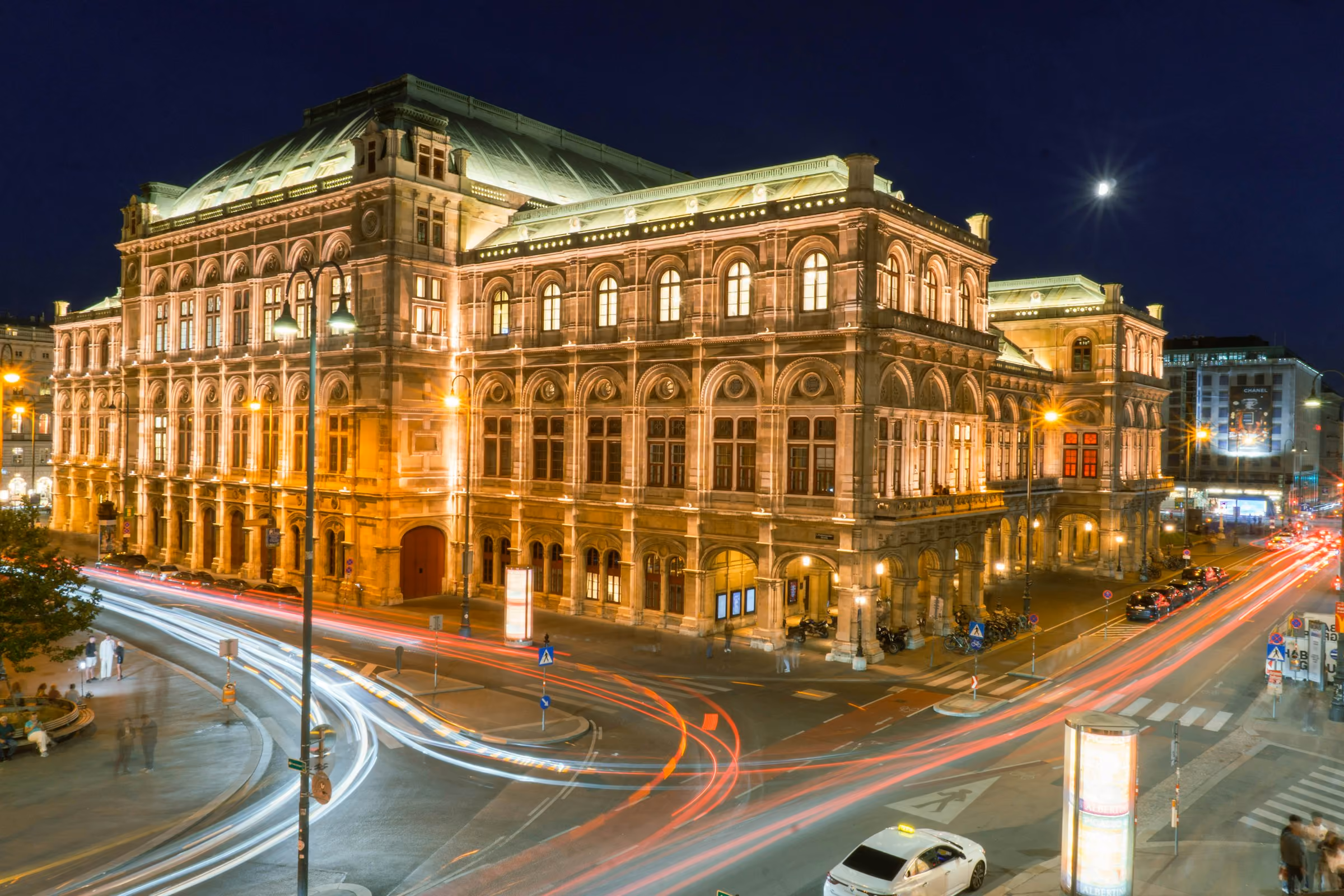 The Vienna State Opera lit at night