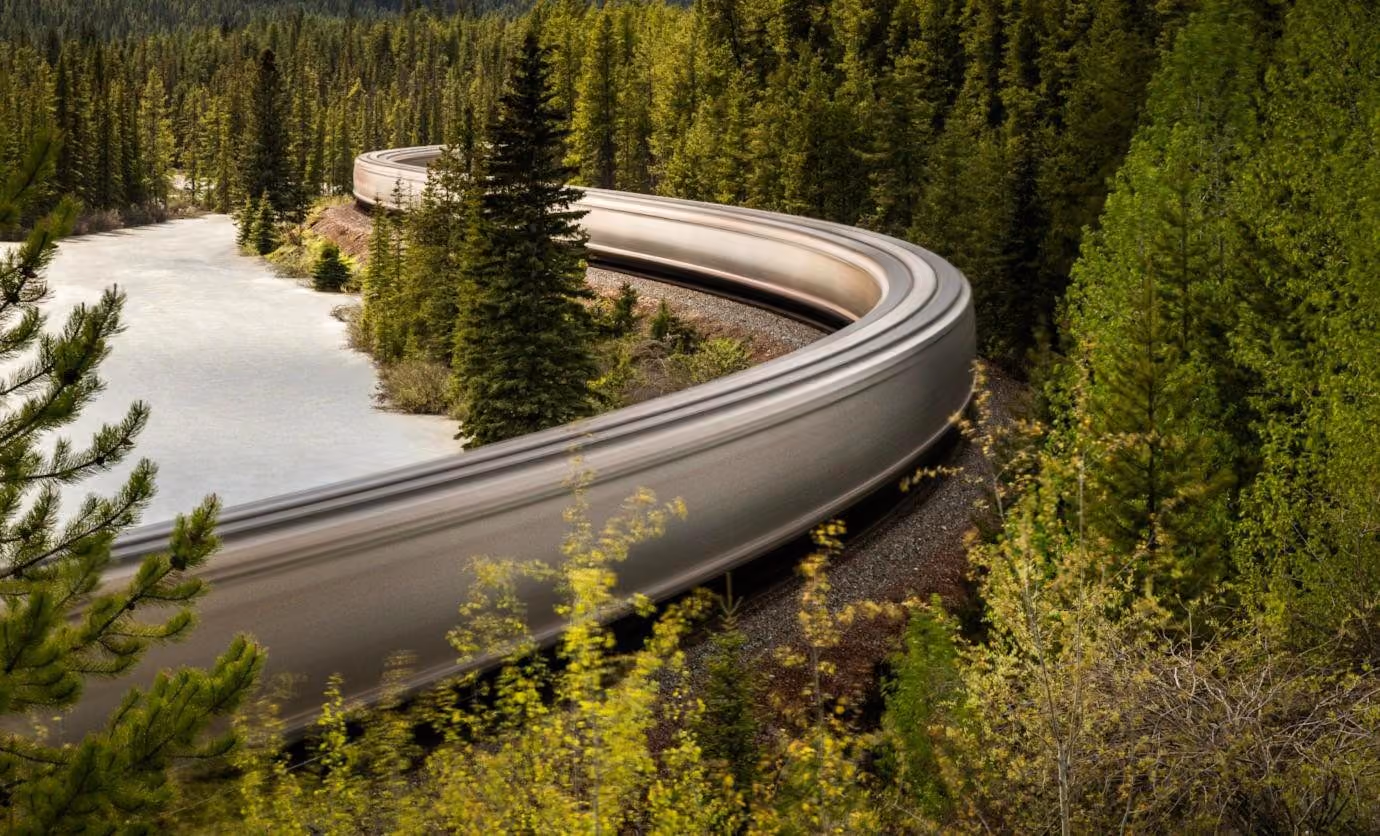 A long-exposure train sweeping round a curve through pine forest in the Canadian Rockies