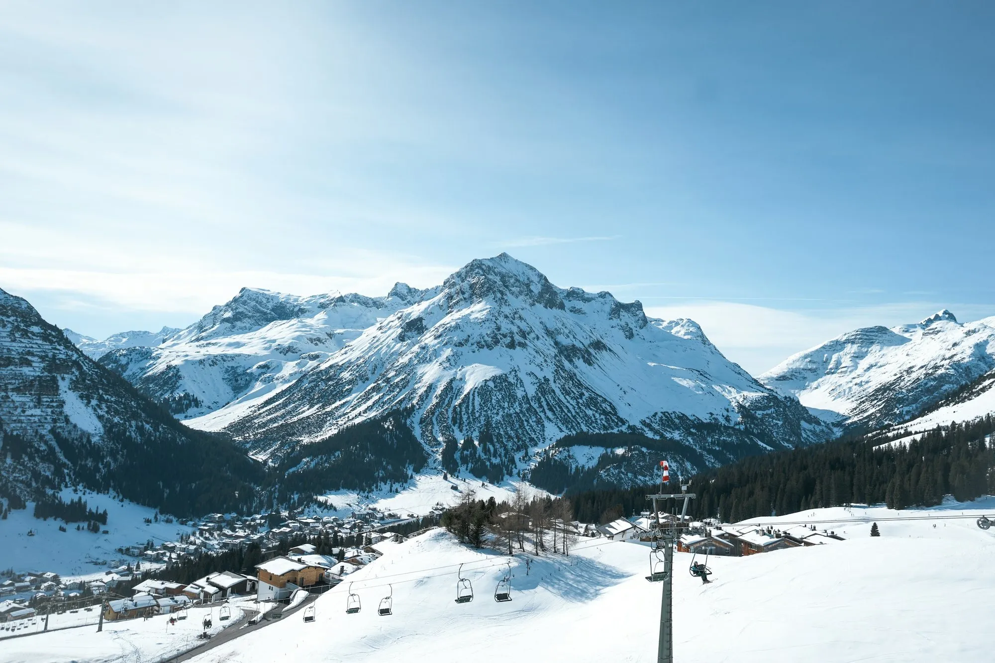 Lech am Arlberg from the slopes, with the village below
