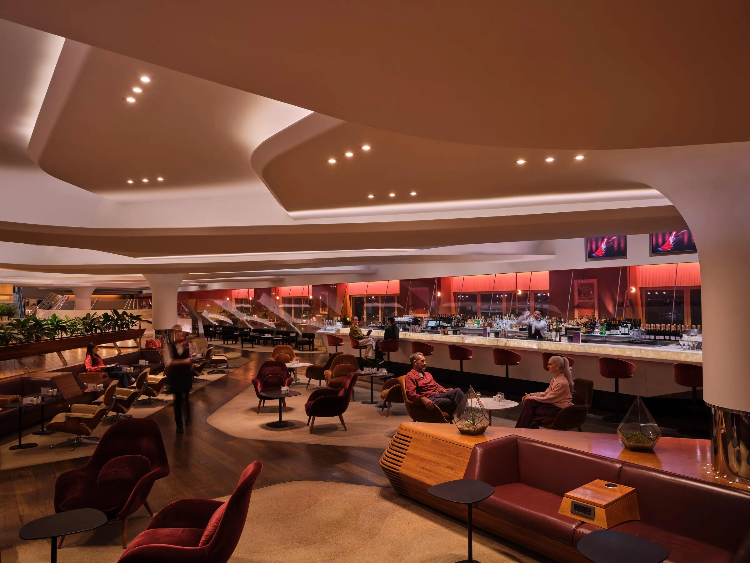 Virgin Upper Class: the Clubhouse at Heathrow, with its long bar and lounge seating