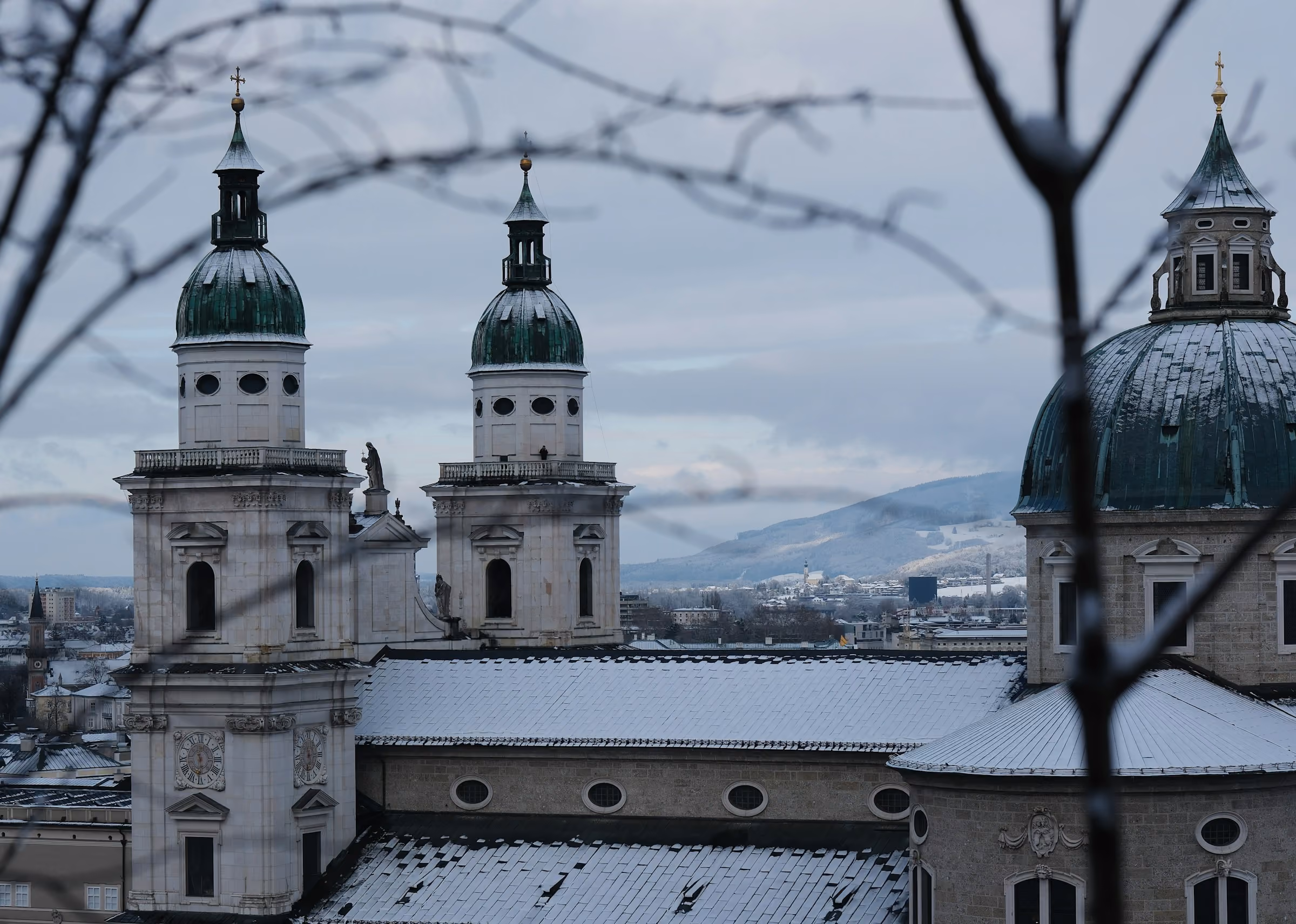 Snow on the domes of Salzburg Cathedral