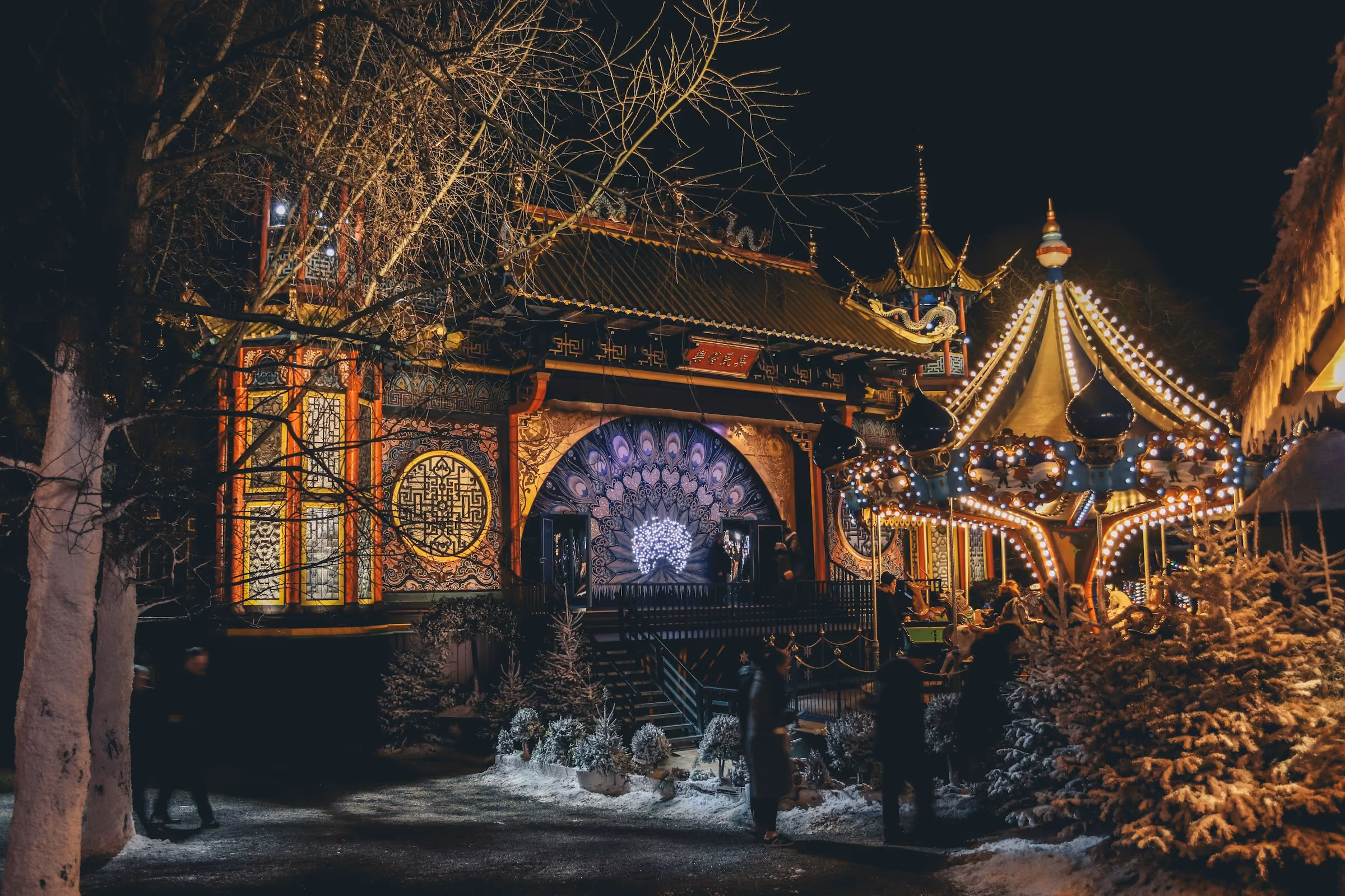 Tivoli Gardens lit up on a winter night
