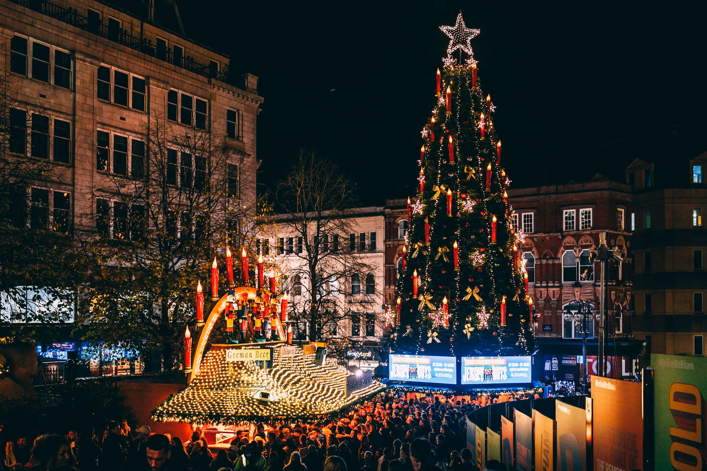 The Christmas tree and market in Birmingham at night