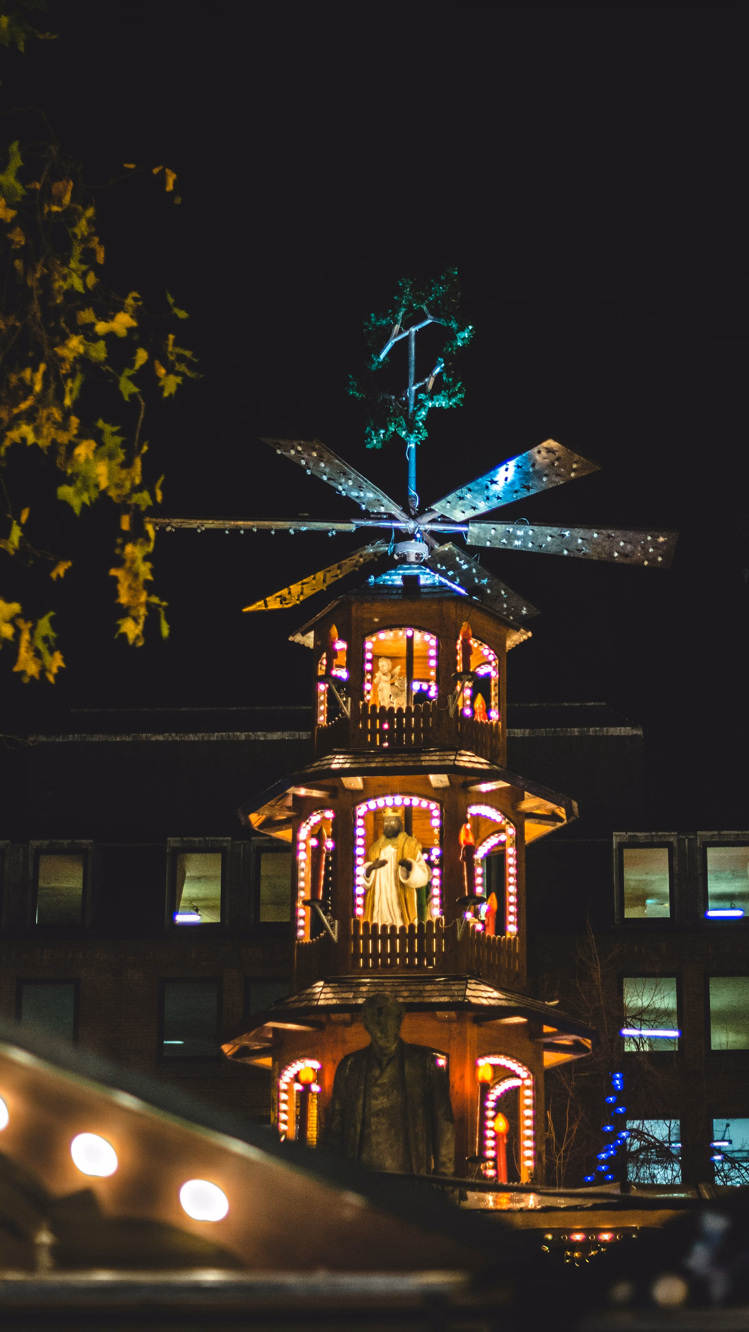 A lit Christmas pyramid at Manchester's markets