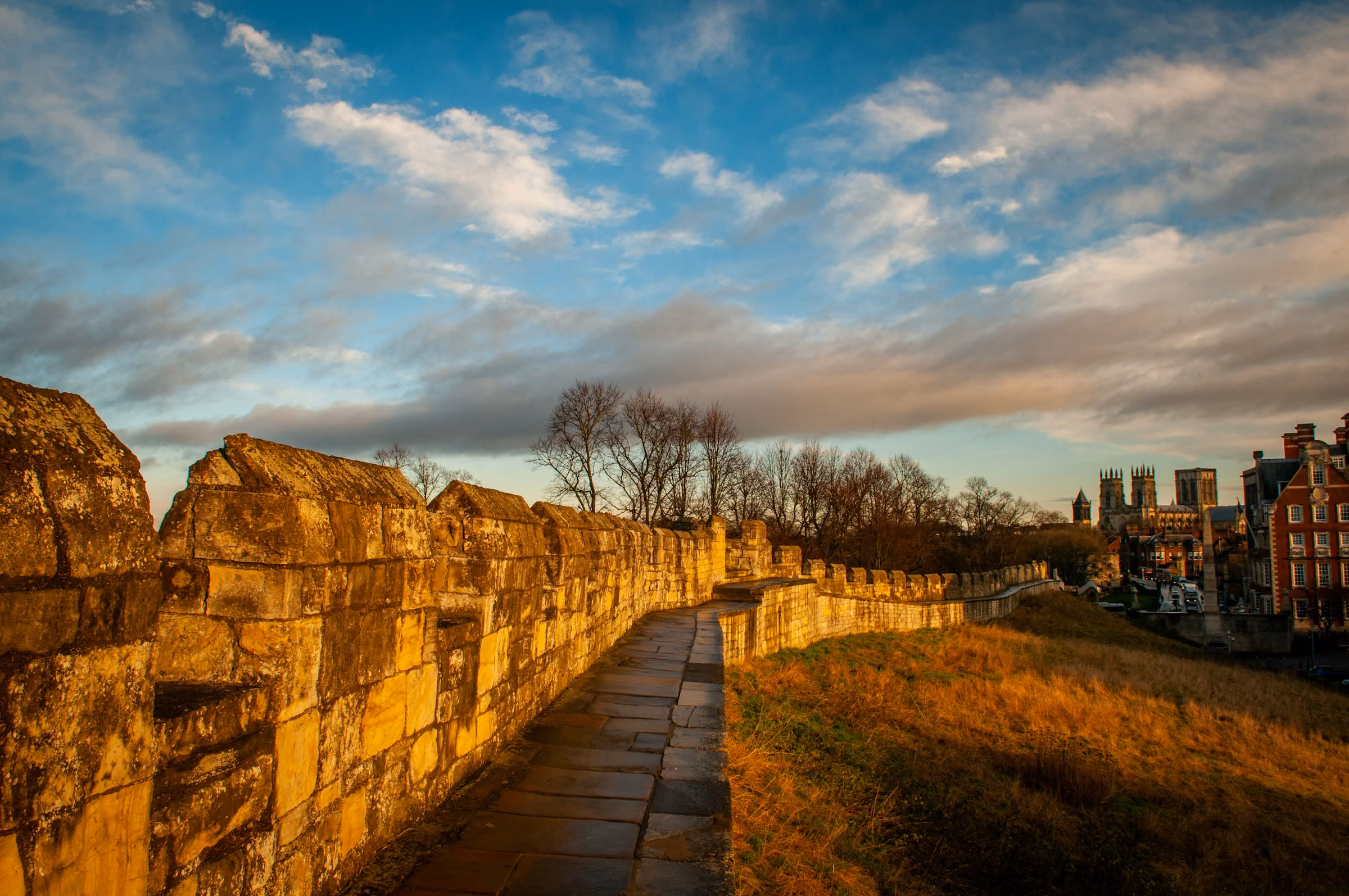 York's medieval city walls lit gold at sunset